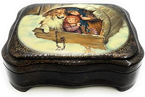 Изключителна декоративна ковчег за бижута руската лакирана миниатюра Деца. Изработен Федоскино от папие-маше.Домашен