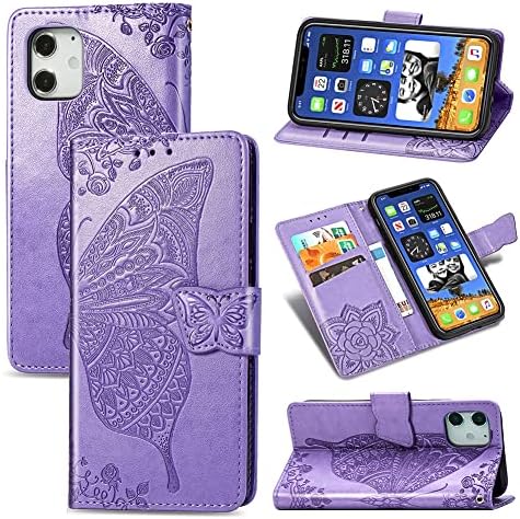 GYHOYA Съвместим с iPhone 12 Мини Чанта-портфейл за жени, Кожен Флип-Фолио с магнитна поставка и държач за карти, Защитен калъф за iPhone 12 Mini 5,4 см Violet Butterfly SD