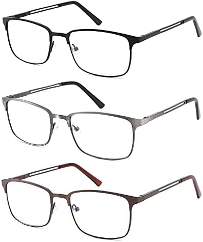 HOTJOJO Очила за четене 3 опаковки на Метални Ридеров, Блокиране на Синя Светлина за Мъже, Анти-UV/Отблясъци/Напрежение