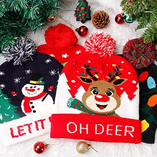4 Опаковки Коледно вязаной шапки-Бини с led подсветка, Цветни Мигащи Аксесоари за Празничната Коледно парти (един размер по-подходящ)