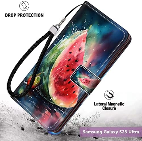 SHENCANG СИНЯ Чанта-портфейл за Samsung Galaxy S23 Ultra Case Дизайнерски Диня Арт-09 Флип Калъф За телефон,