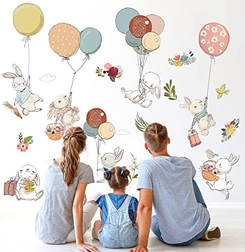 7 Комплекти Стенни Стикери за детска стая с хубав Заек с балон, KALYLOC, Цветни Семейство Зайци, които Пътуват в горещ въздух балон, Обелват се и Залепете Мультяшные Сла?