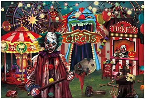 Funnytree 7x5ft Хелоуин Зъл Цирк на Тема Фон за Снимки Клоун Страховито Карнавал Духове Къща на Ужасите Страшни