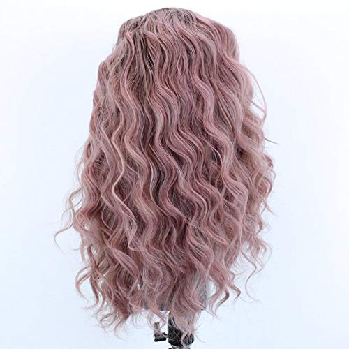 Msthoo Розови перуки на дантели за жени, дълги къдрави коси вълнообразни синтетични перука от невежи топлоустойчива