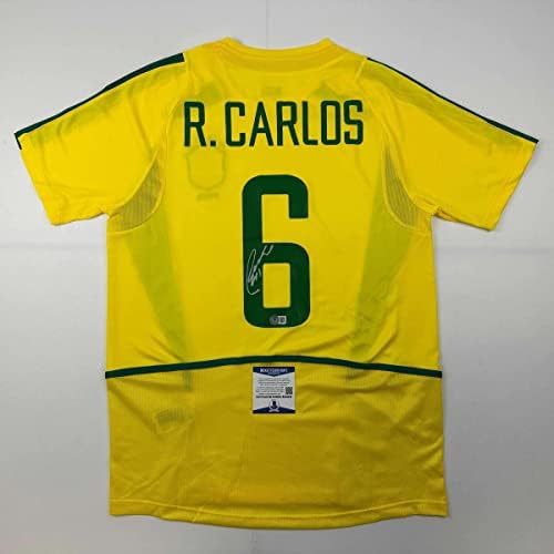 С автограф /с Подпис на Роберто Карлос, Бразилия Жълта Футболна Фланелка на Бекет БАС COA