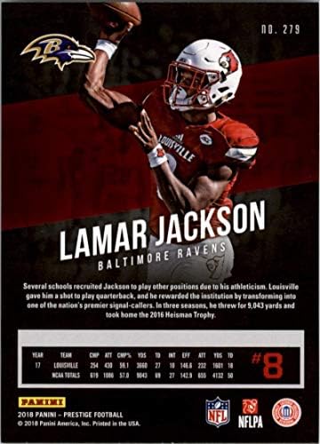 2018 Престиж NFL 279 Ламар Джаксън Балтимор Рейвънс Карта Начинаещ Футболна карта RC Панини