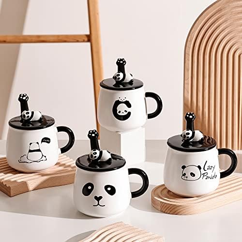 Комплект чаши SHENDONG с пандой, 4 Прекрасни Керамични чаши за Кафе с 3D капак под формата на Панда и лъжица,