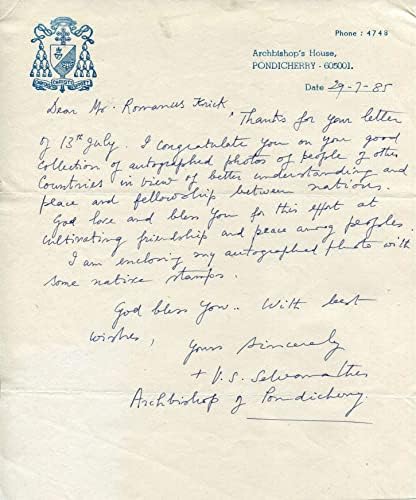 Венмани С. Селванатер автограф, АРХИЕПИСКОП Пондишери и Куддалора (индийски), подписано от него писмо