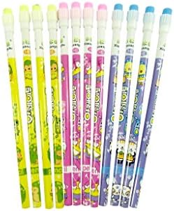 Набор от PartyErasers от 12-те прекрасни анимационни моливи HB с ластик отгоре (лилаво, розово и жълто)
