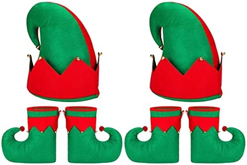 6 бр., Коледна обувки за елфи, Коледна шапка, костюм на елф (червено-зелен), Коледна украса, подаръци, декорации