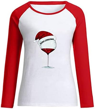 Коледни ризи за Жени,Дамски весела Коледа на Чаша Вино Шапка на Дядо графика С Дълъг Ръкав Colorblock Блузи,