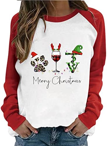 Коледни ризи за Жени,Дамски весела Коледа на Чаша Вино Шапка на Дядо графика С Дълъг Ръкав Colorblock Блузи,