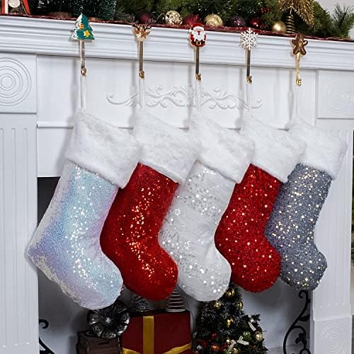 Коледни Чорапи BHD BEAUTY, 5 опаковки за семейството, 20 инча, Червени/Бели/Сиви, с пайети, с големи Плюшени белезници, Класическа Украса за камината, коледни Елхи, Подвесн?
