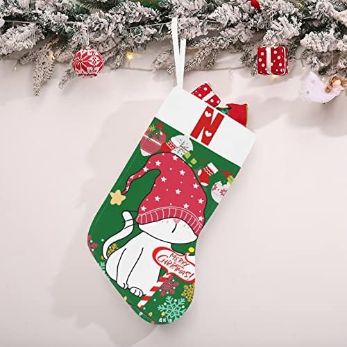 Коледни Чорапи с монограм Santa Котка с Буквата N и Сърце с Размер 18 инча Зелено-Бял цвят