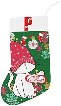 Коледни Чорапи с монограм Santa Котка с Буквата P и Сърце с Размер 18 инча Зелено-Бял цвят