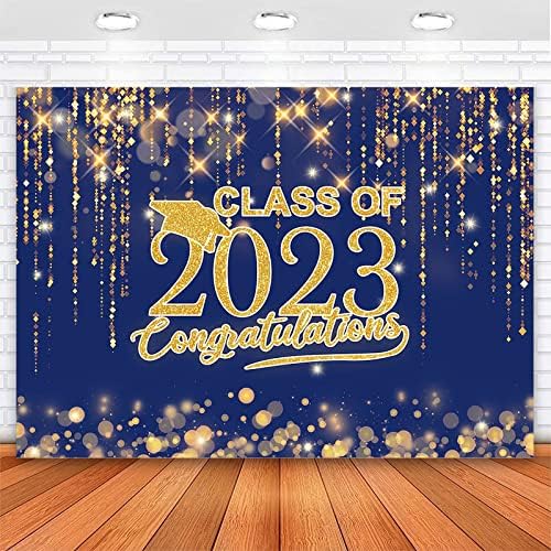Бала фон Avezano клас 2023 със сини и златни пайети Боке, Поздравительный фон за завършилите, Банер за бала в колежа, Подпори за фото студио (7x5, синьо)
