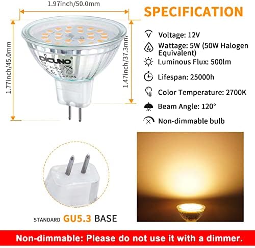 Led лампи DiCUNO MR16 12v 50 W, еквивалент халогенни, Без регулиране на яркостта, Двухконтактное основа GU5.3 2700 К, Топло Бяла Прозрачна със Стъклен Капак, на Ъгъла на лъча 120 Гра?