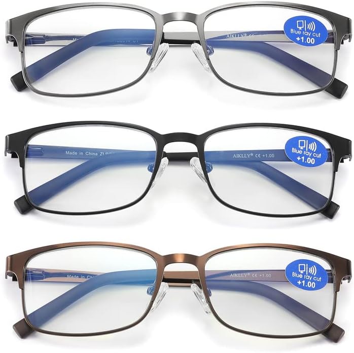 Очила за четене AIKLLY за мъже - 3 опаковки на мъжките метални ридеров, заключващи синя светлина