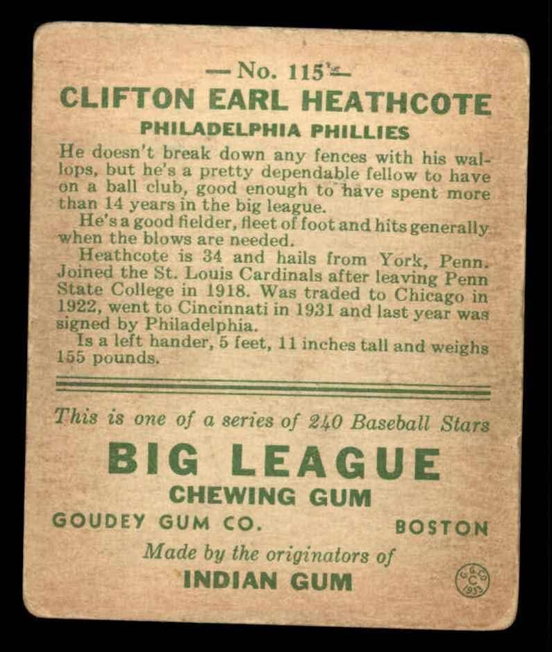1933 Гуди # 115 Клиф Хиткоут Филаделфия Филис (Бейзболна картичка) GD+ Филис