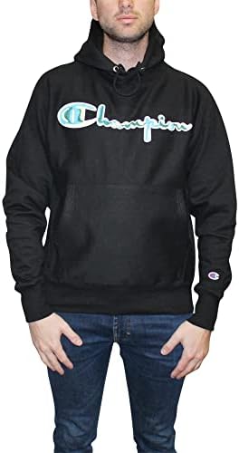 Мъжки hoody-пуловер с обърната Переплетением Champion, Черен / Ретро Фигура на Веригата, Голям