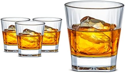 Чаши за уиски LUXU (комплект от 4 чаши) с квадратна дъно, 11 унции Прозрачни чаши за уиски, Старомодни чаши,