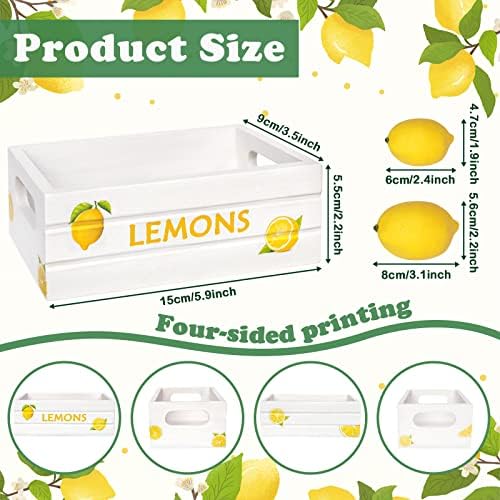 Лимонов Мини-Дървена Кутия, Летен няколко нива на Декора, за да Поднос с 4 Изкуствени Лимони и Светло-Жълт Рафией,