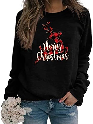 Весела Коледа Женска Тениска С Дълъг Ръкав и Писмото Графичен Дизайн Сладък Пуловер Топ Свободен Пуловер С Кръгло