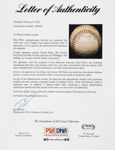Отборът на Шампионите от Световна серия Ню Йорк Янкис , 1939 г., Подписан бейсбольное споразумение PSA DNA COA