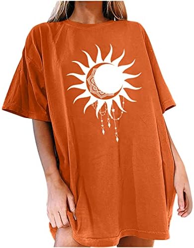 Жените Риза Оверсайз с Къс Ръкав и Кръгло деколте, Тениски с изображение на Слънцето и Луната, Свободни Ежедневни