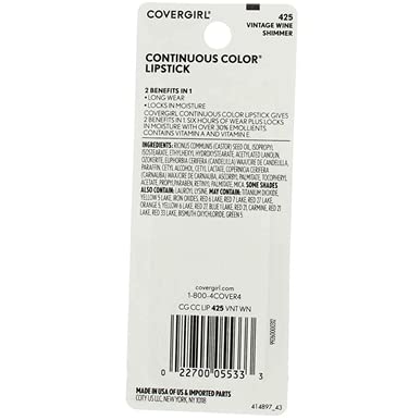 Червило CoverGirl непрекъснато цвят, запазена марка вино [425], 0,13 унция (опаковка от 4 броя)