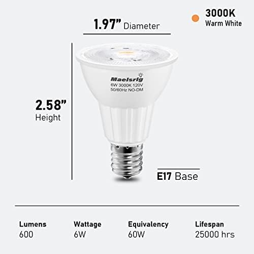 Led лампа Maelsrlg E17 6 W (еквивалент на 60 W), лампа за прожектор с междинна причина, Топъл Бял 3000 До, Лампа