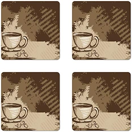 Набор от кафе на каботажните Ambesonne от 4 парчета, Графично изображение чаши и няколко зърна в стил гръндж,