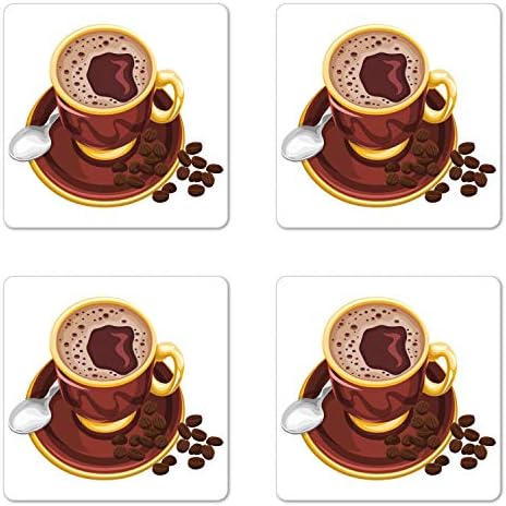 Набор от кафе на каботажните Ambesonne от 4 парчета, Графично изображение Пенистого капучино с лъжичка и няколко