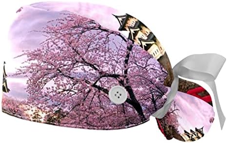 Розова Работна Шапка с цветя модел Cherry Blossom с Регулируема Превръзка на Главата, Пищната Шапка