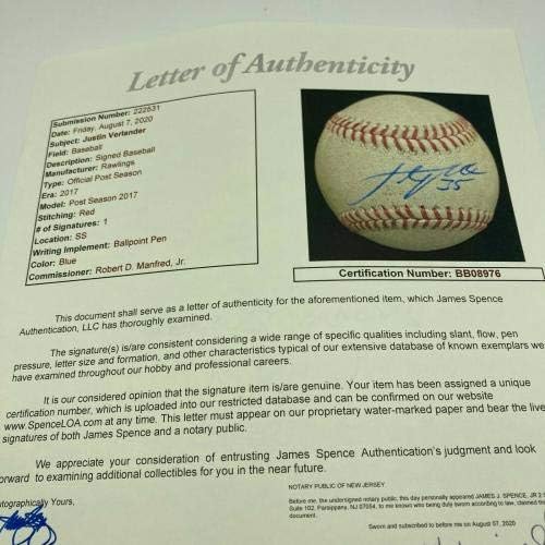 Джъстин Verlander 35 2017 След сезона Подписа Използвана игра MLB Бейзбол JSA COA - РЯДКО- Използваните бейзболни