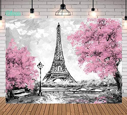 Циен 9x6 фута Розови Цветя, Дървета Айфеловата Кула на Фона на Снимка на Грей Париж Подпори За фото студио Банер
