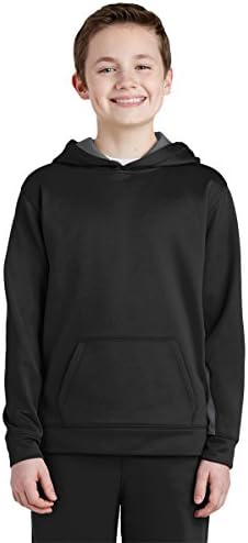 Пуловер с качулка отвътре за момчета Sport-Tek с цветни блокчета, Черно / Тъмно Опушен-Сив, X-Small