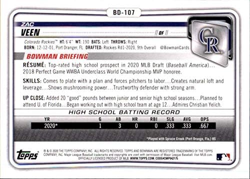 Боуман Драфт 2020 BD-107 Бейзболна картичка Зак Вино Колорадо в Скалистите планини